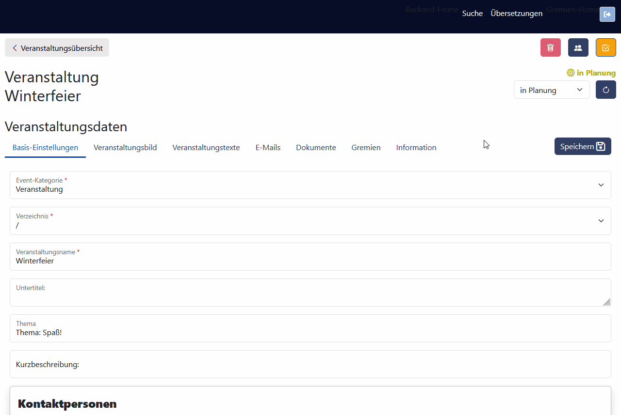 Veranstaltung Test-Modus