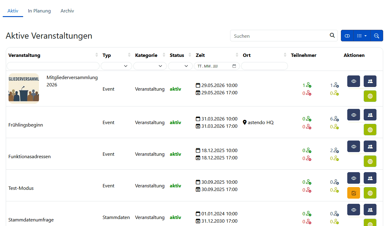 Veranstaltungsübersicht - Tabellenansicht