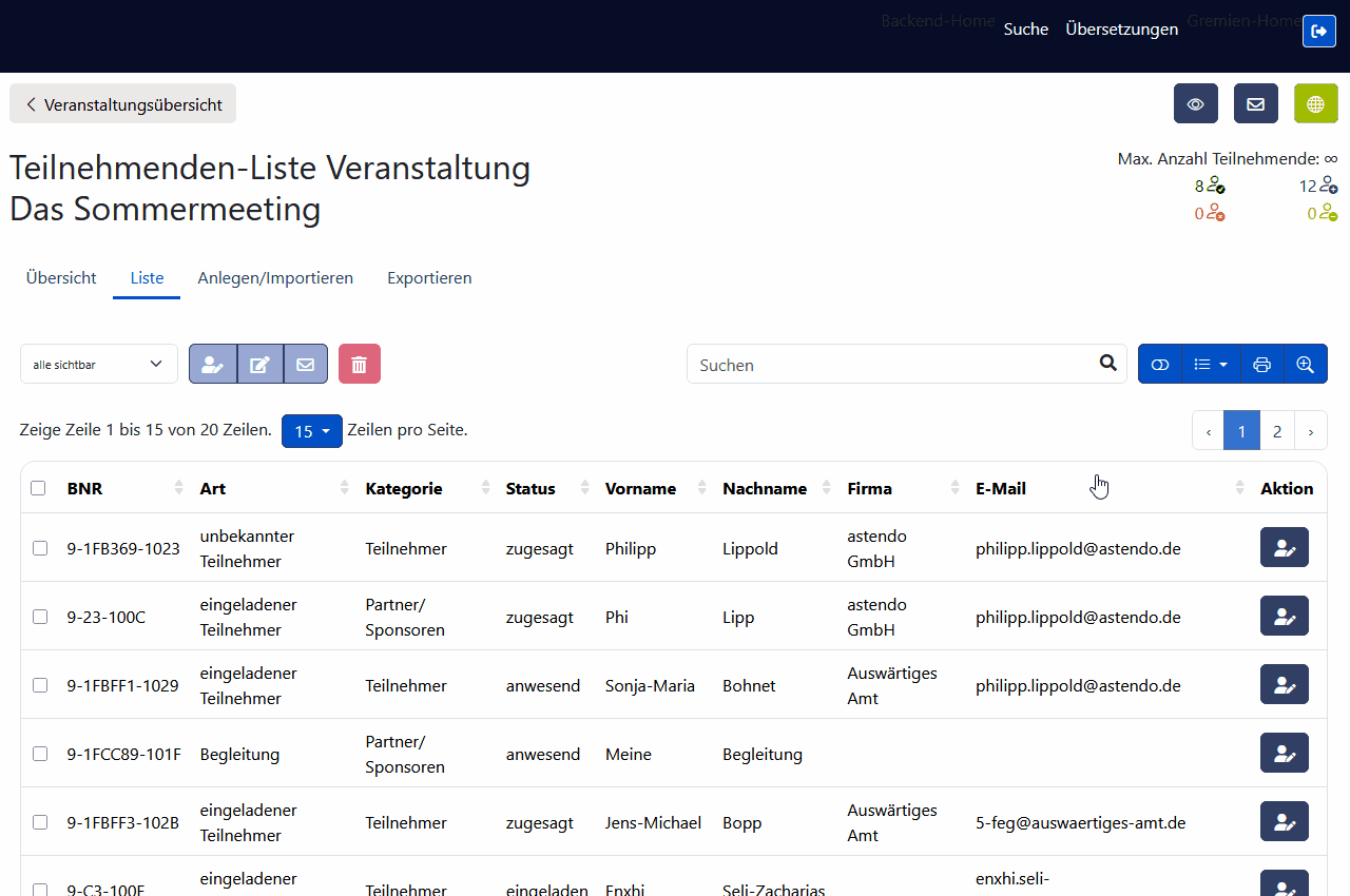 Teilnehmer bearbeiten - Adressdaten