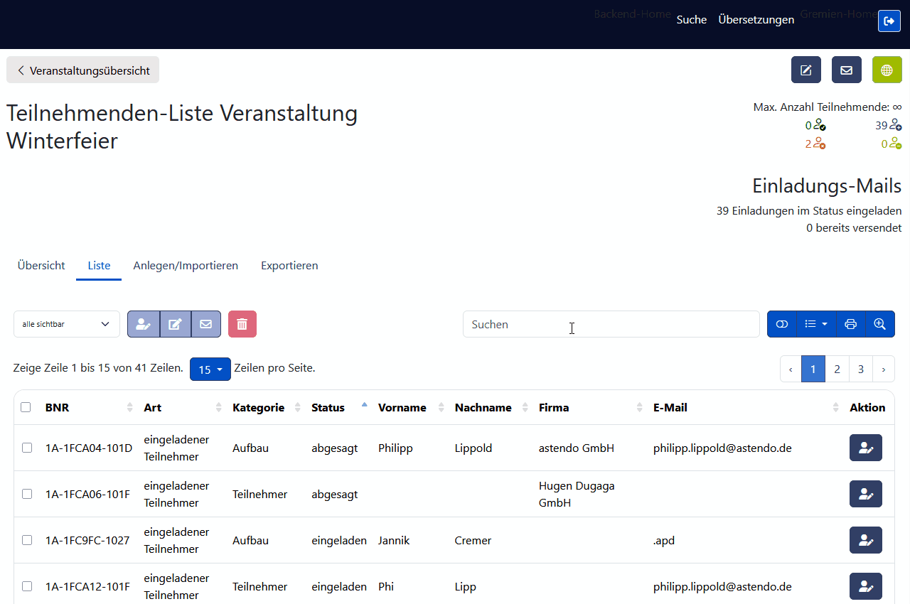 Teilnehmer bearbeiten - Übersicht