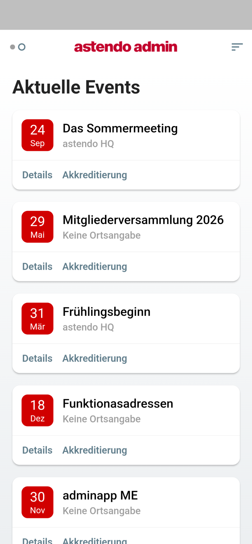 adminApp Veranstaltungsübersicht