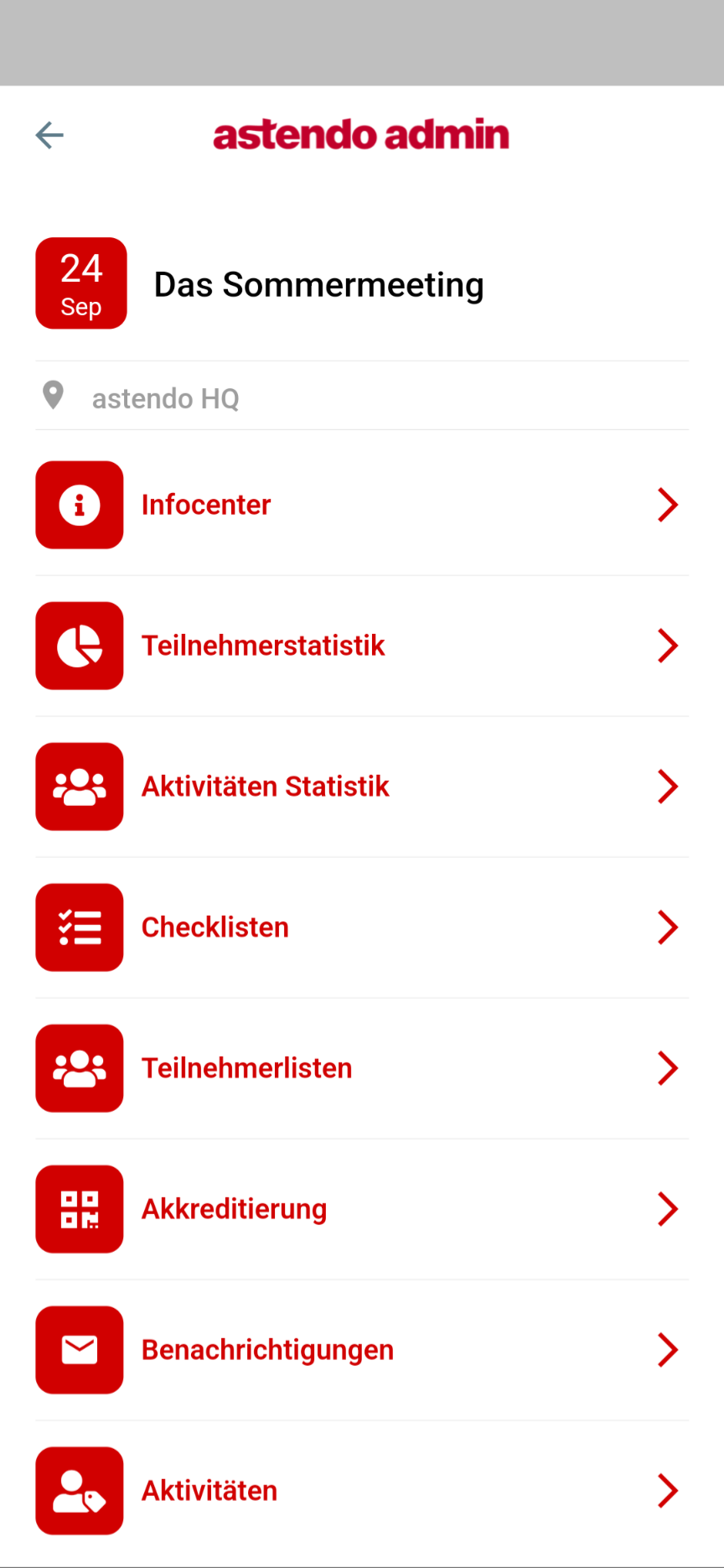 adminApp Veranstaltungsübersicht