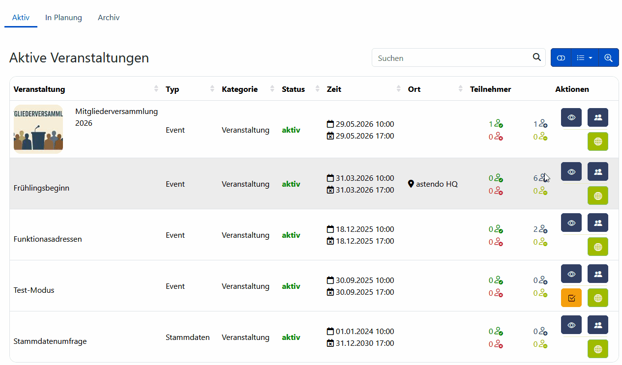 Veranstaltungsübersicht - Spaltenfilter