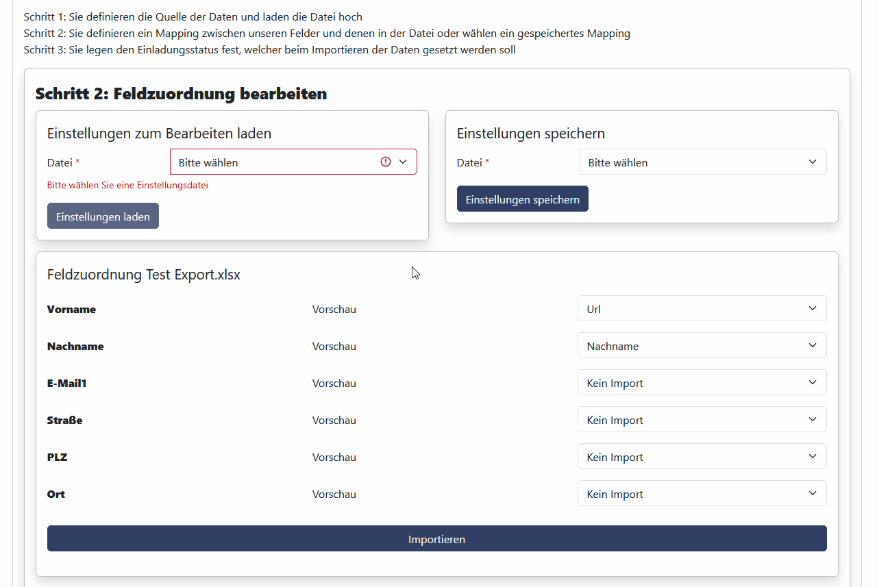 Adressen importieren - Felder zuordnen